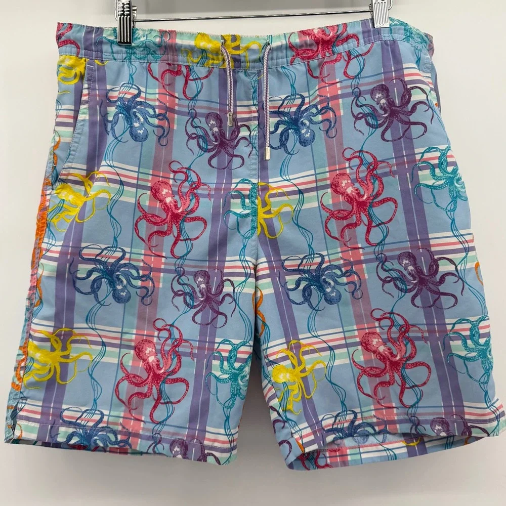 Peter Millar Swim Trunks Mens Small Blue Plaid Octopus Print Mesh Lined Shorts‎